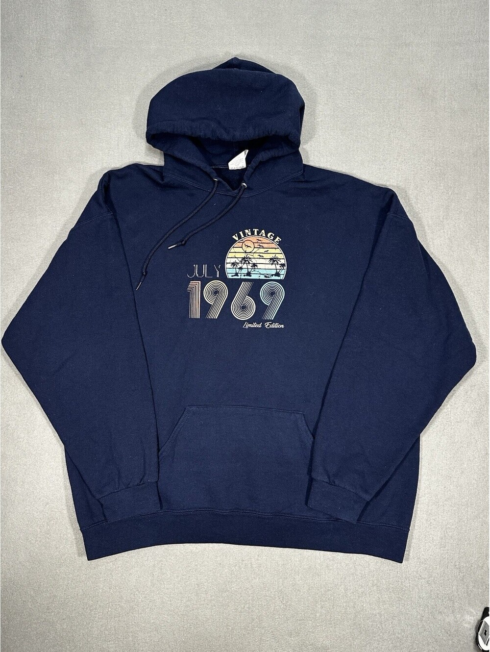 Men’s Jerzees 2XL Vintage 1969 Graphic Hoodie Navy Blue Pullover Sweatshirt